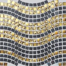 Gold Metal Black Marble Wavy Waist Line Glass Mosaic Tile VG-UWL89