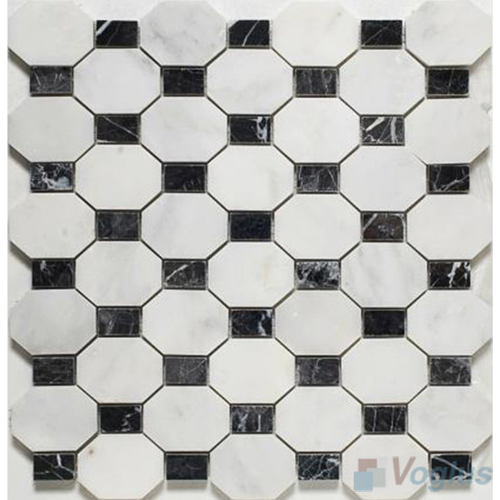 Carrara White Black Marquina Polished Oblated Octagon Marble Mosaic VS-PTG82