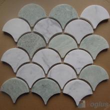 Polished Green White Mixed Fish Scale Fan Shaped Marble Mosaic Tile VS-PFN89