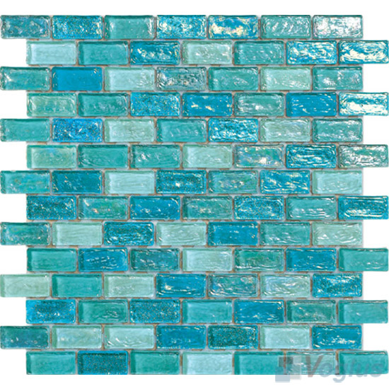 Aqua Subway Glazed Iridium Glass Mosaic, Aqua Glass Subway Tile
